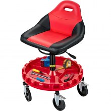 VEVOR Rolling Garage Stool, 300LBS Capacity, 21"-26" Adjustable Height Range, Mechanic Seat with Swivel Casters and Tool Tray, for Workshop, Auto Repair Shop, Red