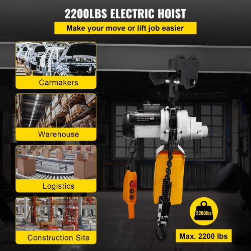 220V Double Brakes 3 Phase 82ft.Lift 13fpm Lift Speed with Chain Container V6R Single Brake Mode Electric Chain Hoist 2200lbs