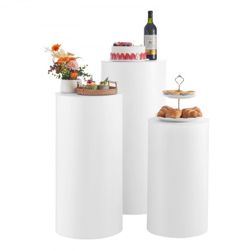 

VEVOR Wedding Flower Stand, 3PCS 23.62/29.53/35.43 inch Round Cylinder Plinth, White Pedestal Stand with PVC Lid, Cylindrical Pedestal Stands for Wedding, Party, Birthday, Art Decor, 33.07 lbs Load