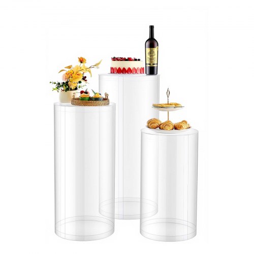 

VEVOR Wedding Flower Stand, 3PCS 23.62/29.53/35.43 inch Round Cylinder Plinth, Clear Pedestal Stand with Transparent Acrylic Lid, Cylindrical Pedestal Stands for Wedding, Party, Birthday, Art Decor