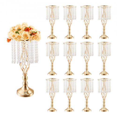

VEVOR 12PCS 49cm/19.3” Tall Crystal Wedding Flower Stand, Metal Wedding Centerpiece Vase, Gold Flower Holders Floral Display Rack for Tables Wedding Dinner Party, Ceremony Birthday Event Decor
