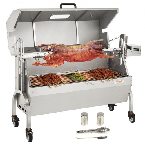 Vevor Stainless Steel Rotisserie Grill with Hooded Cover, BBQ Whole Pig Lamb Goat Charcoal Spit Grill, Electric 50W Motor BBQ Hog Rotisserie Roaster, 46 Inch 132Lbs Capacity Lamb Rotisserie System