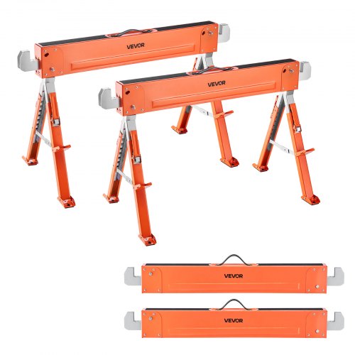 VEVOR Saw Horses, 2 Pack Folding Work Horses, 816.5 kg Load Capacity Sawhorse with Heavy Duty Legs, Adjustable Height Saw Horse with Non-Slip Foot Pads, for Woodworking, Carpenters and Contractors