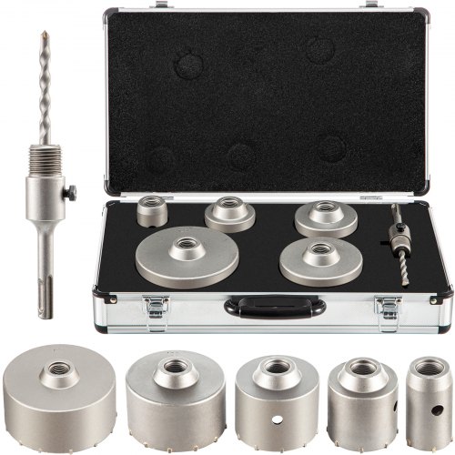 

VEVOR Concrete Hole Saw Kit, 1-3/5", 2-9/16", 3-5/32", 3-15/16", 4-9/10" Drill Bit Set SDS Plus Shank Wall Hole Cutter w/a 4-1/3" Connecting Rod for Brick, Concrete, Cement, Stone Wall, Masonry, Tile