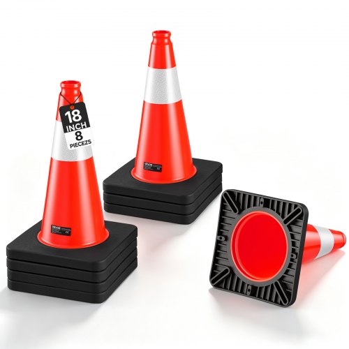 VEVOR Traffic Safety Cones 8 Pack 18 Inch Flexible PVC Orange Traffic Cones, For Parking Lots and Home Use, with Weighted Black Base, Reflective Collar Visible at Night, Heavy Duty Design, Easy Storage