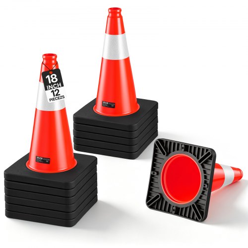 VEVOR Traffic Safety Cones 12 Pack 18 Inch Flexible PVC Orange Traffic Cone, For Parking Lots and Home Use, with Weighted Black Base, Reflective Collar Visible at Night, Heavy Duty Design, Easy Storage