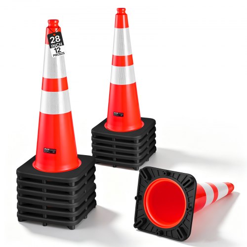 VEVOR Traffic Safety Cones 12 Pack 28 Inch Flexible PVC Orange Traffic Cone, For Accident or Construction Warning, with Weighted Black Base, Reflective Collar Visible at Night, Heavy Duty, Easy Storage