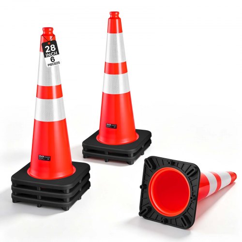 VEVOR Traffic Safety Cones 6 Pack 28 Inch Flexible PVC Orange Traffic Cones, For Accident or Construction Warning, with Weighted Black Base, Reflective Collar Visible at Night, Heavy Duty, Easy Storage