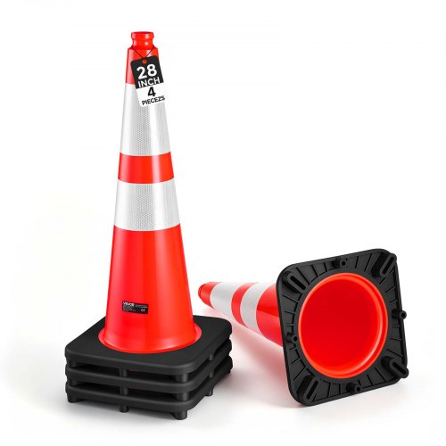 VEVOR Traffic Safety Cones 4 Pack 28 Inch Flexible PVC Orange Traffic Cones, For Accident or Construction Warning, with Weighted Black Base, Reflective Collar Visible at Night, Heavy Duty, Easy Storage