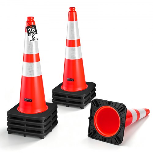 VEVOR Traffic Safety Cones 8 Pack 28 Inch Flexible PVC Orange Traffic Cones, For Accident or Construction Warning, with Weighted Black Base, Reflective Collar Visible at Night, Heavy Duty, Easy Storage