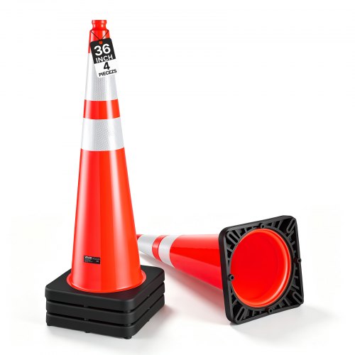 VEVOR Traffic Safety Cones 4 Pack 36 Inch Flexible PVC Orange Traffic Cones, For Highway Warning or Traffic Control, Weighted Black Base, Reflective Collar Visible at Night, Heavy Duty, Easy Storage