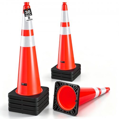 VEVOR Traffic Safety Cones 8 Pack 36 Inch Flexible PVC Orange Traffic Cones, For Highway Warning or Traffic Control, Weighted Black Base, Reflective Collar Visible at Night, Heavy Duty, Easy Storage