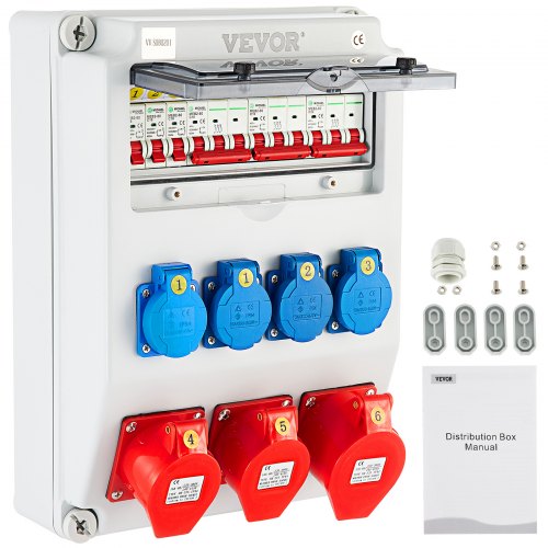 VEVOR Wall Power Distributor, ABS Plastic, Distribution Board with 4xSchuko Socket 230V/16A, 2xCEE Socket 400V/16A, 1xCEE Socket 400V/32A 5-Pin, 1/3-Pin Circuit Breaker, for Outdoor Construction Site