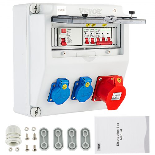 VEVOR Wall Power Distributor, ABS Plastic, Distribution Board with 2 x Schuko Socket 230V/16A Blue, 1 x CEE Socket 400V/16A 5-Pin Red, FI Fuse, 1/3-Pin Circuit Breaker, for Outdoor Construction Site