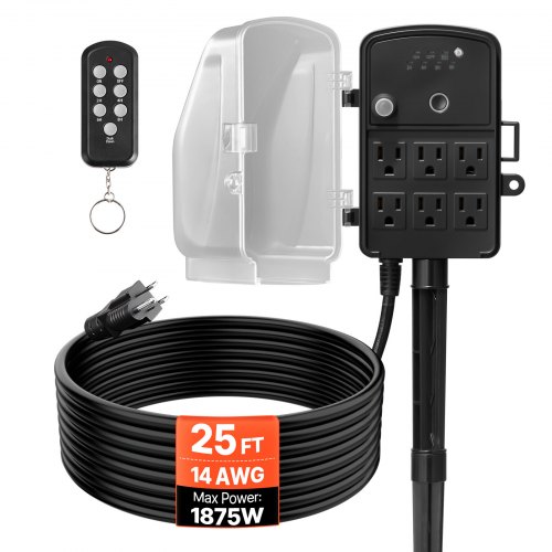 

VEVOR Outdoor Power Stake, 25FT Extension Cord, Outdoor Power Strip Weatherproof with Cover, Remote Control Dusk to Dawn Light Timer Waterproof, 6 Outlets, 1875W/15A, for Christmas Lights, Garden