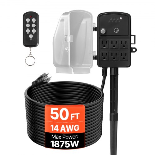 

VEVOR Outdoor Power Stake, 50FT Extension Cord, Outdoor Power Strip Weatherproof with Cover, Remote Control Dusk to Dawn Light Timer Waterproof, 6 Outlets, 1875W/15A, for Christmas Lights, Garden