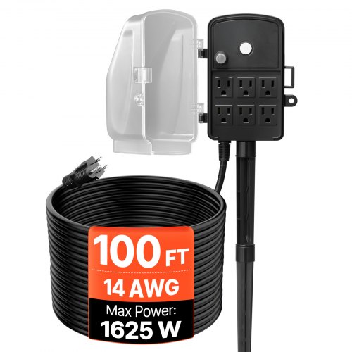 

VEVOR Outdoor Power Stake, 100 FT Extension Cord, Outdoor Power Strip Weatherproof with Cover and Overload Protection, 6 Outlets, 13A/1625W, Waterproof Multi-Outlet Yard Stake for Christmas Lights
