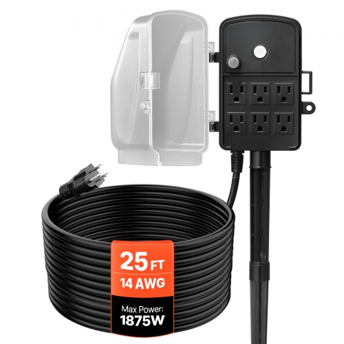 

VEVOR Outdoor Power Stake, 25 FT Extension Cord, Outdoor Power Strip Weatherproof with Cover and Overload Protection, 6 Outlets, 15A/1875W, Waterproof Multi-Outlet Yard Stake for Christmas Lights