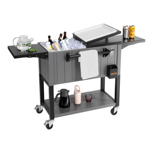 VEVOR 80QT Rolling Ice Chest, Holds up to 50 Bottles / 110 Cans, Portable Patio Party Bar Drink Cooler Cart with Bottom Shelf & Foldable Side Shelves,