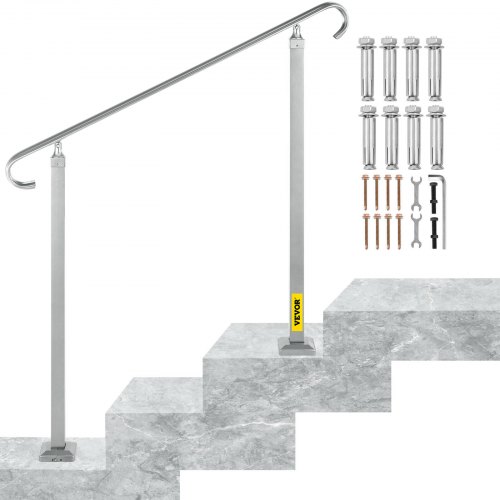 

VEVOR Outdoor Stair Railing, Fit 2 or 3 Steps Alloy Metal Handrailing, Front Porch Flexible Transitional Handrail, Stand Colomn Step Rail with Installation Kit, for Concrete or Wooden Stairs, Silver