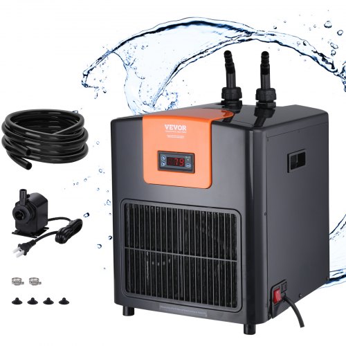 

VEVOR Aquarium Chiller, 92 Gal 348 L, 1/4 HP Hydroponic Water Chiller, Quiet Refrigeration Compressor for Seawater and Fresh Water, Fish Tank Cooling System with Pump/Hose, for Jellyfish, Coral Reef