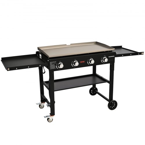 

VEVOR Commercial Griddle on Cart, 36" Heavy Duty Manual Flat Top Griddle, Outdoor Cooking Station with Side Shelves, Steel LPG Gas Griddle, 4-Burners Restaurant Portable Grill - 60,000 BTU