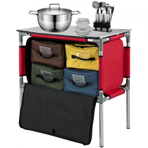 VEVOR Camping Kitchen Table, Aluminum Portable Folding Station with 4 Storage, 4 Detachable Legs and Carry Bag, Quick Installation for Outdoor Picnic Beach Party Cooking, Red