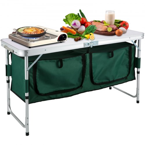 VEVOR Aluminum Portable Folding Camp Station with Storage Organizer & 4 Adjustable Feet Quick Installation for Outdoor Picnic Beach Party Cooking, Green