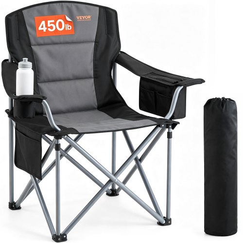 VEVOR Camping Folding Chair for Adults, Portable Heavy Duty Outdoor Quad Lumbar Back Padded Arm Chairs with Side Pockets, Cup Holder and Cooler Bag fo