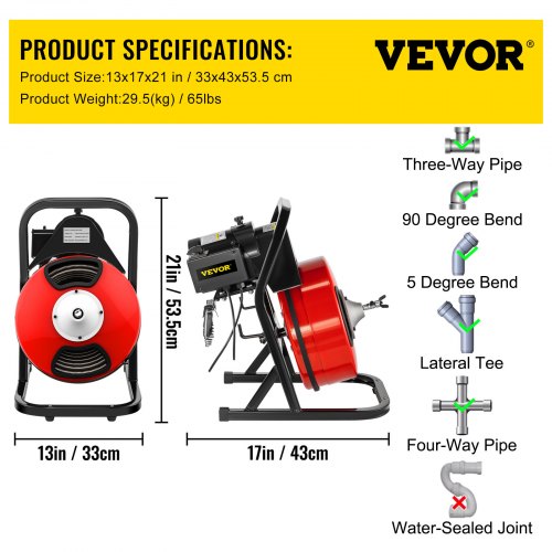 VEVOR Drain Auger Cleaner Machine 1/2" x 50ft Electric Sewer Snake W/4 Cutters 