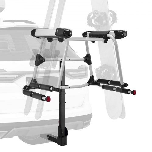 

VEVOR Hitch Mounted Ski & Snowboard Rack, Fits 2-Inch Receiver, Carries up to 6 Pairs of Skis or 4 Snowboards, Hitch-Mounted Rack for Car with Key Lock, Security Strap, Tilt Access, Rubber Padding