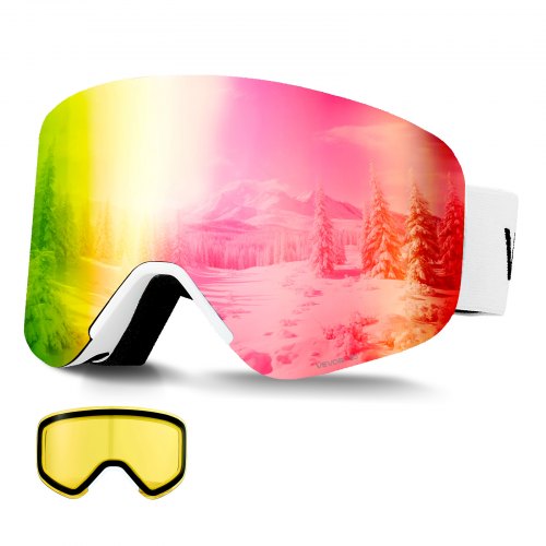 

VEVOR Frameless Ski Goggles, Magnet Cylindrical Lens with Pink Revo Coating, OTG Anti fog Snow Goggles for Men Women Youth, TPU Frame & Ventilation Structure, Fit for Skiing, Skating, Snowboarding