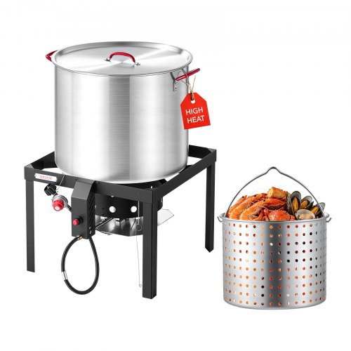 VEVOR 100 Qt Seafood Boiling Kit with Strainer, Aluminum Crawfish Boiler, Outdoor Backyard Cooking for Crab, Shrimp, Lobster, Soup, Deep Fryer Steamer Set with Stand and 110,000 BTU Propane Burner