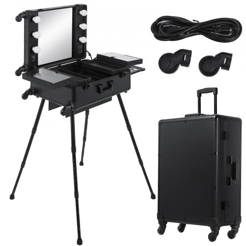 VEVOR Rolling Makeup Case 28"x21"x54" with LED Light Mirror Adjustable Legs Lockable Train Table Studio Artist Cosmetic