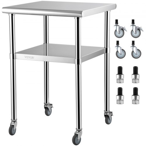 VEVOR Mesa de preparación de acero inoxidable, 24 x 24 x 36 pulgadas, capacidad de carga de 600 libras, mesa de trabajo de metal resistente con estante inferior ajustable y ruedas universales, estació