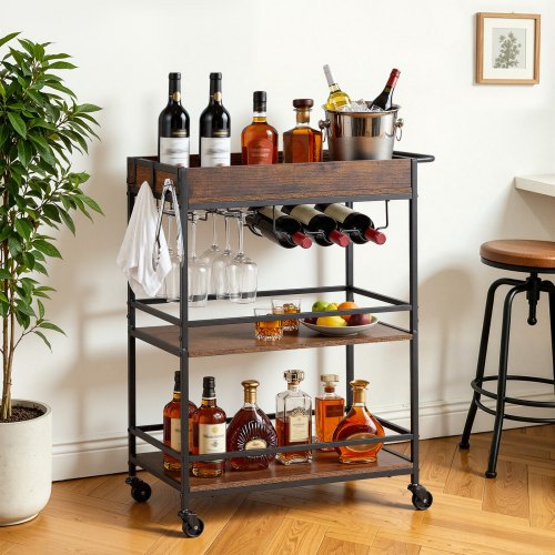 

VEVOR Bar Cart, 3 Tiers Home Kitchen Serving Carts, Industrial Rolling Utility Station on Wheel, Mobile Drink Beverage Shelf with Wine Rack & Glass Holder, 26.77x14.17x32.68 in, Rustic Brown and Black