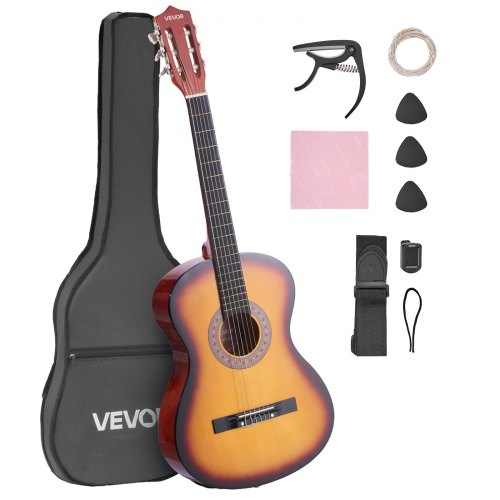 VEVOR Classical Guitar, 38 Inch, Wood Classical Guitar Starter Kit for Beginners, with Nylon Strings, Gig Bag, Strap, Tuner, Extra String, Pick, Capo, Basswood, for Teenagers Adults Students, Sunburst JBGDJT38INCH15A4T001V0