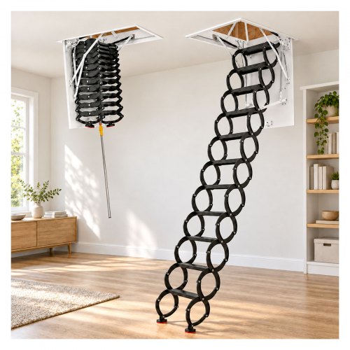 VEVOR Attic Ladder, 660LBS/299.4KG Capacity, Fits 8.5 to 9.4 ft Ceiling Height and 39.4 x 27.5 inch Opening Size, Alloy Steel Pull-Down Retractable Ceiling Stair with Pulling Rod for Attic Loft Roof