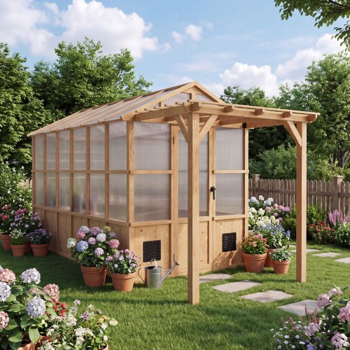VEVOR Wooden Greenhouse 6'x12' Fir Wood Walk-In Greenhouse Kit with Pergola, for Outdoor Garden Backyard, Heavy Duty Green House with Polycarbonate Panels, Foldable Shelves, Tool Rails & Lockable Door