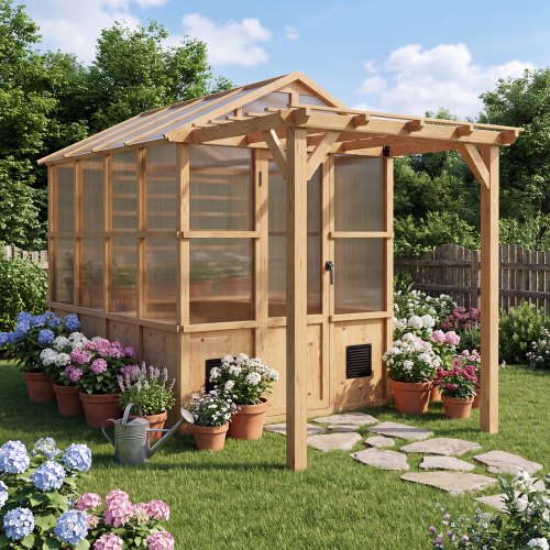 VEVOR Wooden Greenhouse 6'x8' Fir Wood Walk-In Greenhouse Kit with Pergola, for Outdoor Garden Backyard, Heavy Duty Green House with Polycarbonate Panels, Foldable Shelves, Tool Rails & Lockable Door