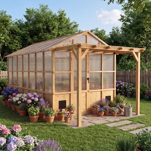 VEVOR Wooden Greenhouse 8'x14' Fir Wood Walk-In Greenhouse Kit with Pergola, for Outdoor Garden Backyard, Heavy Duty Green House with Polycarbonate Panels, Foldable Shelves, Tool Rails & Lockable Door