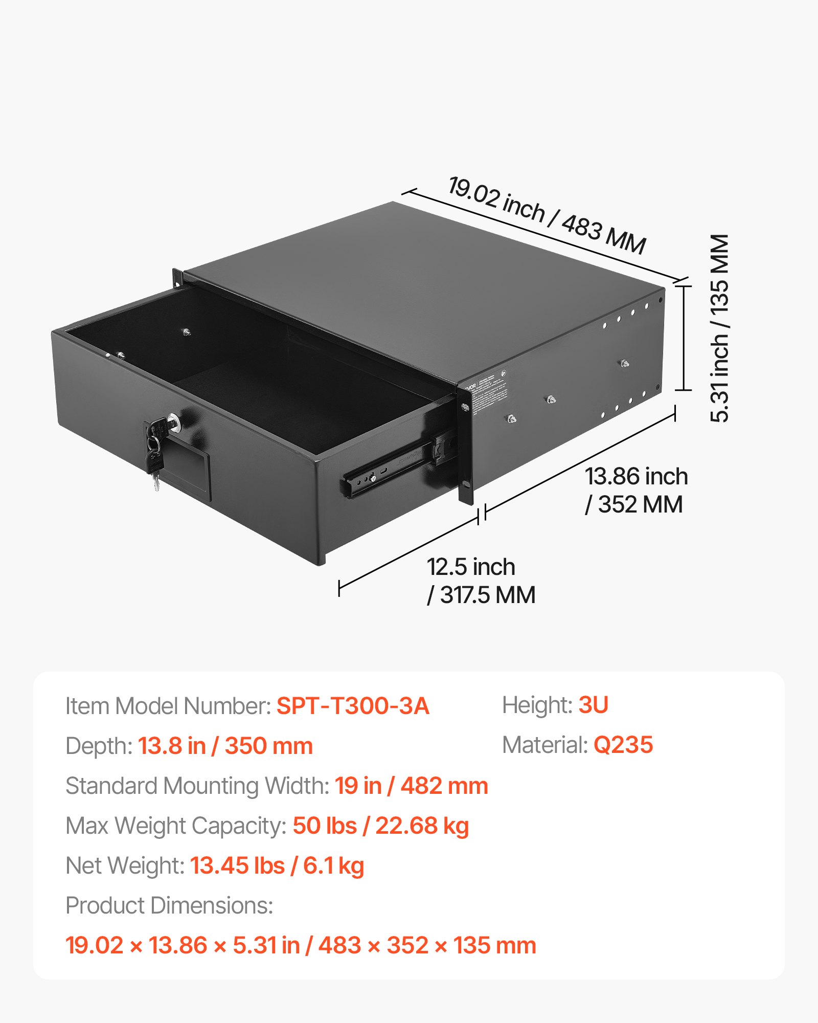 3U riiulisse paigaldatav sahtel, 22,68 kg