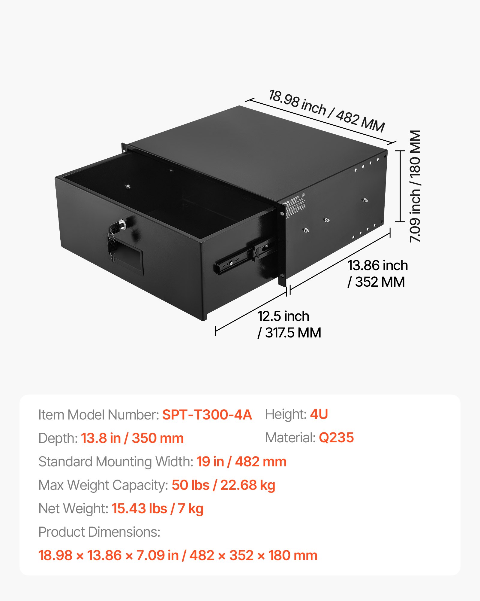 4U riiulisse paigaldatav sahtel, 22,68 kg