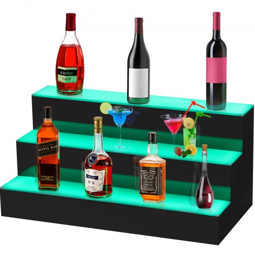 24 Inch LED Lighted Liquor Bottle Display 2 Step Illuminated Bottle Shelf 3 Tier Home Bar Drinks Lighting Shelves with Remote Control 3 Tier, 24 inch 