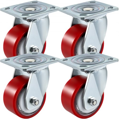 Swivel Caster Polyurethane Wheels 4" X 2" Red No Noise Smoothly Wear-resistant