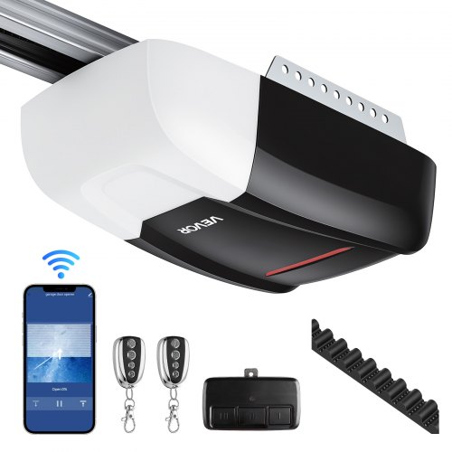 VEVOR Garage Door Opener 1/2 HP Ultra-Quiet Belt Drive WiFi Smart Opener, for Residential Garage, Includes Durable Rail, 3 Remotes, Smartphone App Control, Obstacle Sensor & LED Light, Black & White