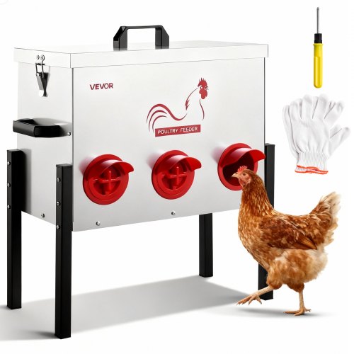 

VEVOR Automatic Chicken Feeder, 30 lbs Capacity, 6 Feeding Ports No-Waste Poultry Feeder, Automatic Gravity, with Adjustable Height & Locking Lid, Metal Construction, for Chickens Bantams Pheasants