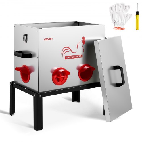 

VEVOR Automatic Chicken Feeder, 18.14 kg Capacity, 6 Feeding Ports No-Waste Poultry Feeder with Built-In Divider, with Latch & Handle, Metal Construction, for Chickens Bantams Pheasants Poultry Coop