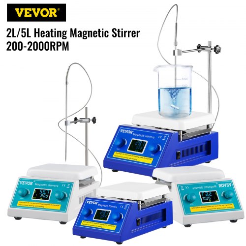 VEVOR Magnetic Stirrer Hot Plate, 200-2000 RPM w/ LED Digital Display, 2L Lab Heating Plate, 7'' x 7'', w/ Support Stand Max 572°F/300°C Heating Temperature, 500W Heating Power, for Lab Liquid Mixing