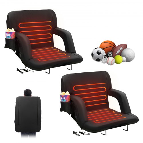 VEVOR Double Heated Stadium Seat with Back Support, 3 Level Heating Wide Bleacher Seat, Folding Portable Padded Reclining Chair with Hook Pocket Cupholder, Ideal for Sport Event Beach Concert (2 Set)